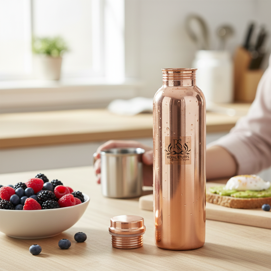 Copper water bottle on a kitchen counter with berries and a bowl of fruit in the background