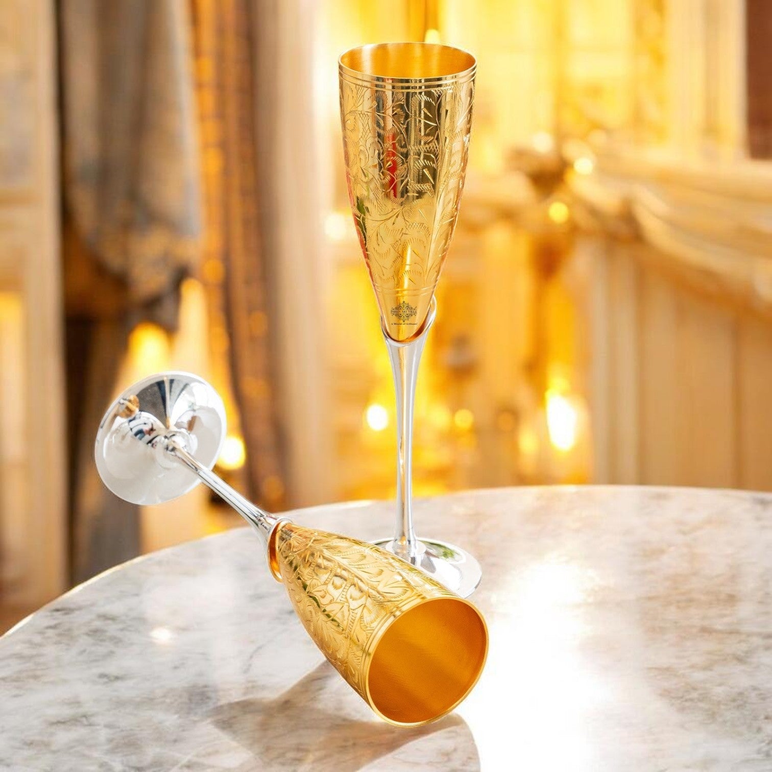 Set of 2 Golden Plated Brass Wine Glass, Metal Goblet, Champagne Flute