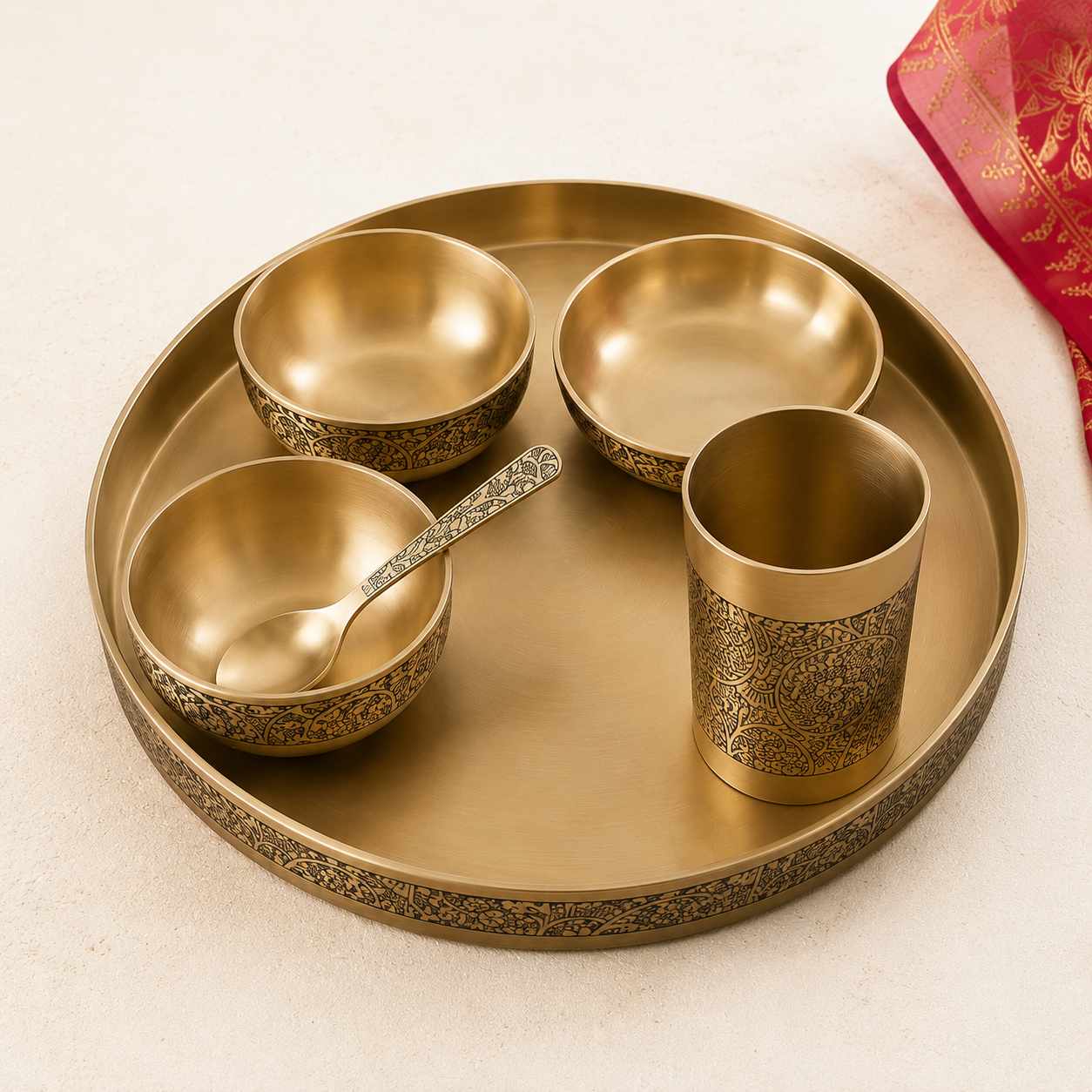Matt 12Inch Kansa Utensil 6 Piece Embossed Designer Dinner Thali Set for Home Hotel Restaurant with 1 Dinner Plate, 2 Bowl, 1 Rice Plate, 1 Glass, & 1 Spoon