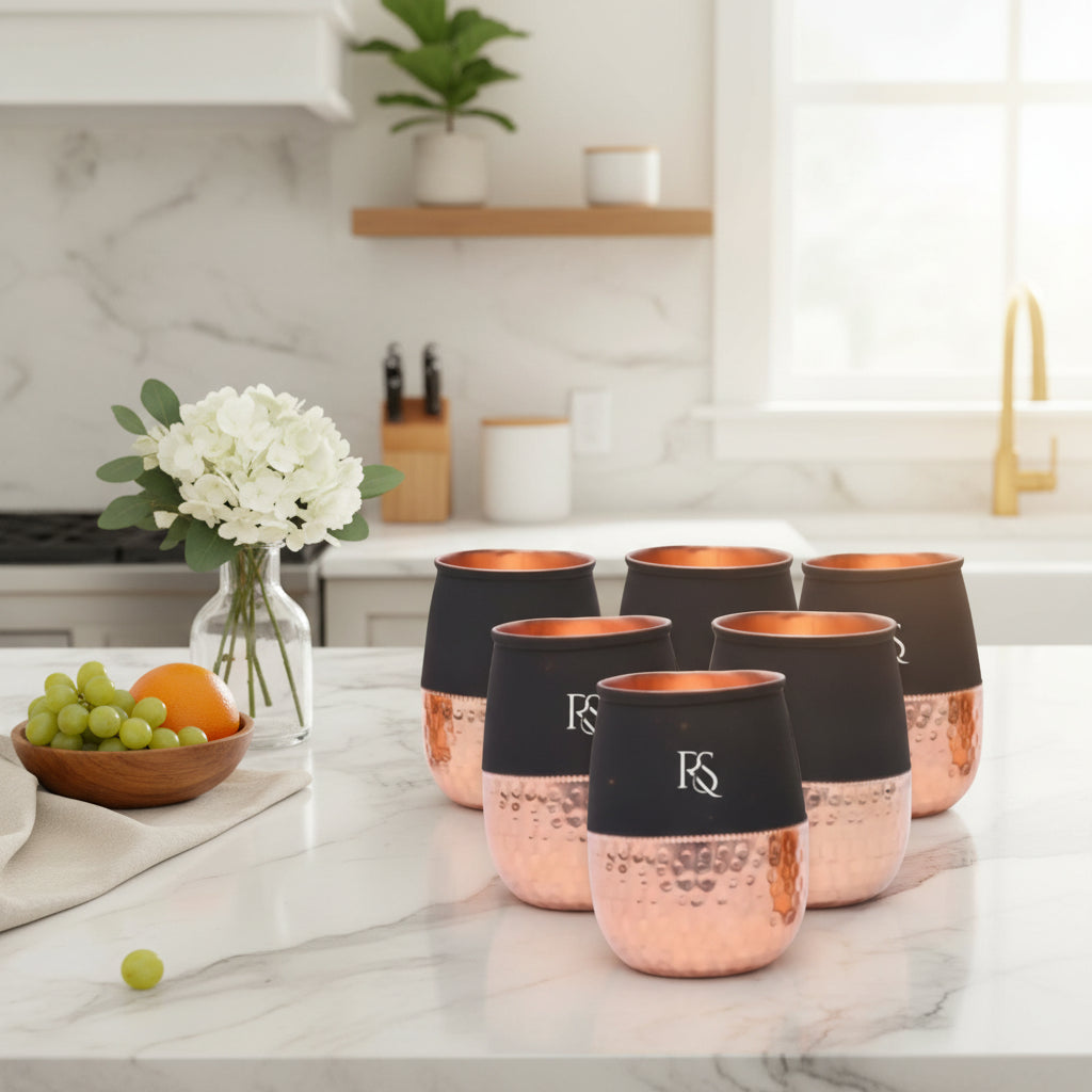 Set of 6 Silk Black Half Hammered Dholak Tumbler Pure Copper Water Glass Capacity 250ML