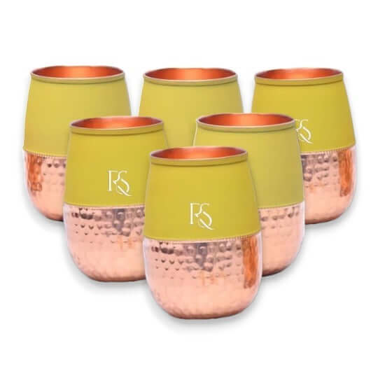 Set of 6 Silk Yellow Half Hammered Dholak Tumbler Pure Copper Water Glass Capacity 250ML