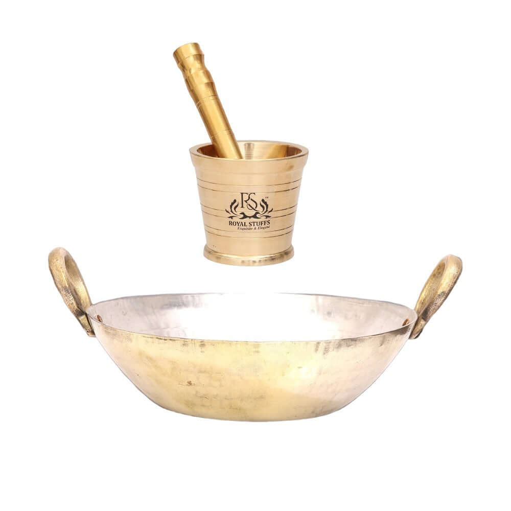 1250 ML Brass Pital Heavy Weight Serving Kadhai Cookware with Brass Mortar