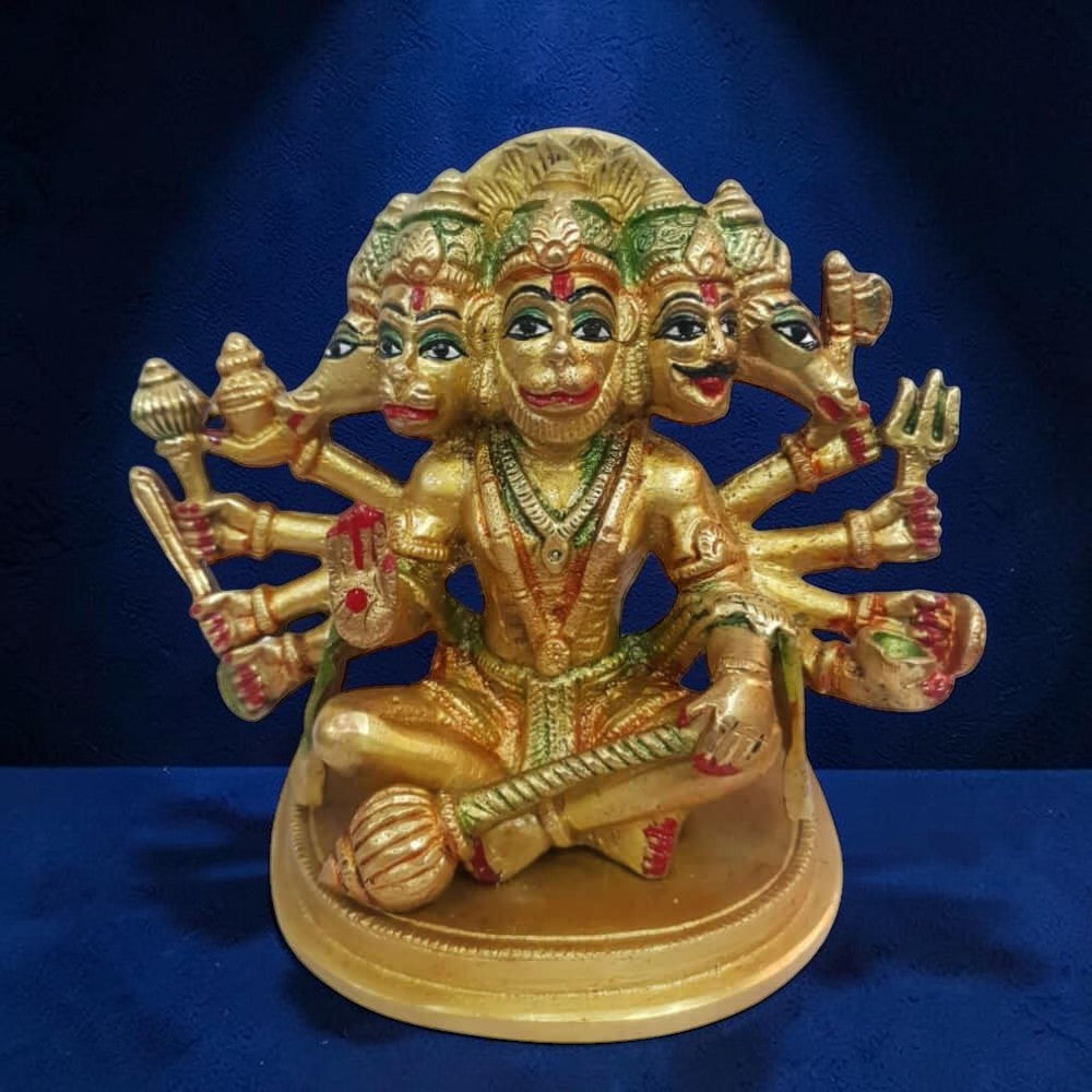 5 Inch Pure Brass Panchmukhi Coloured Hanuman Ji Idol