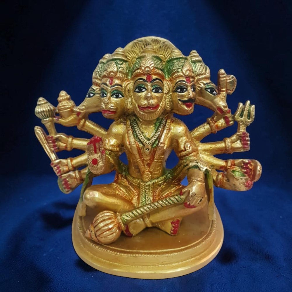 5 Inch Pure Brass Panchmukhi Coloured Hanuman Ji Idol