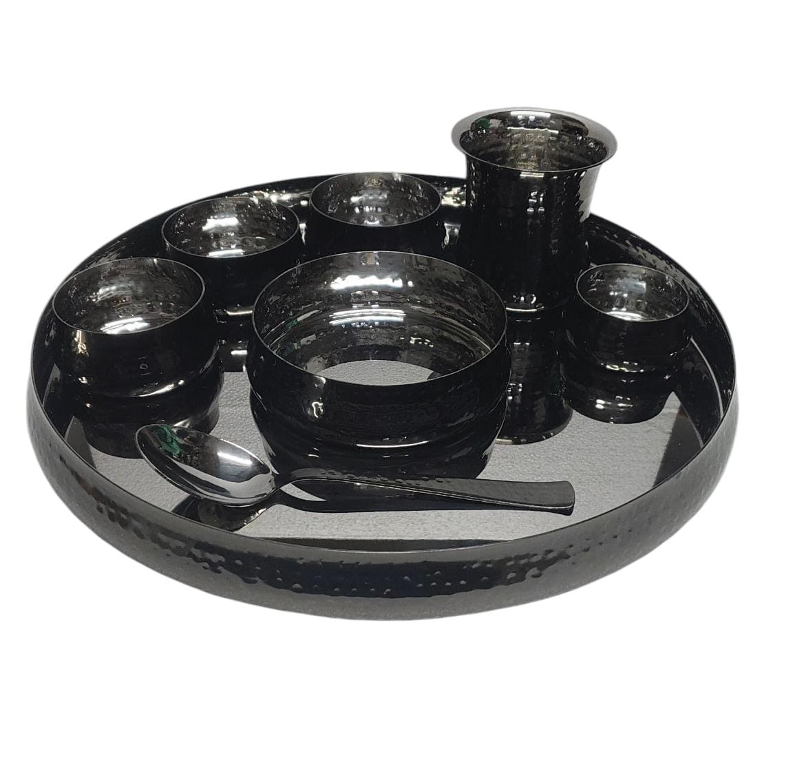 Royal Metallic Black Steel Dinner Thali Set – Luxury Hammered Finish (8-Piece)