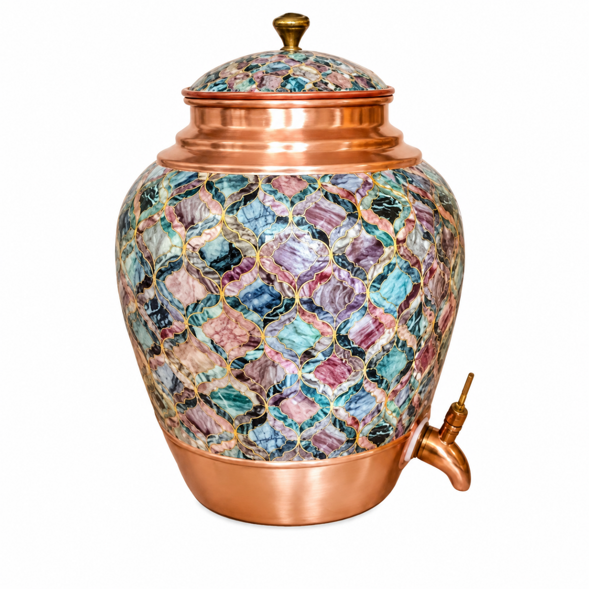 Abstract Art Print Meena Work Copper Water Dispenser with Brass Tap, 10L Capacity - Royalstuffs.com