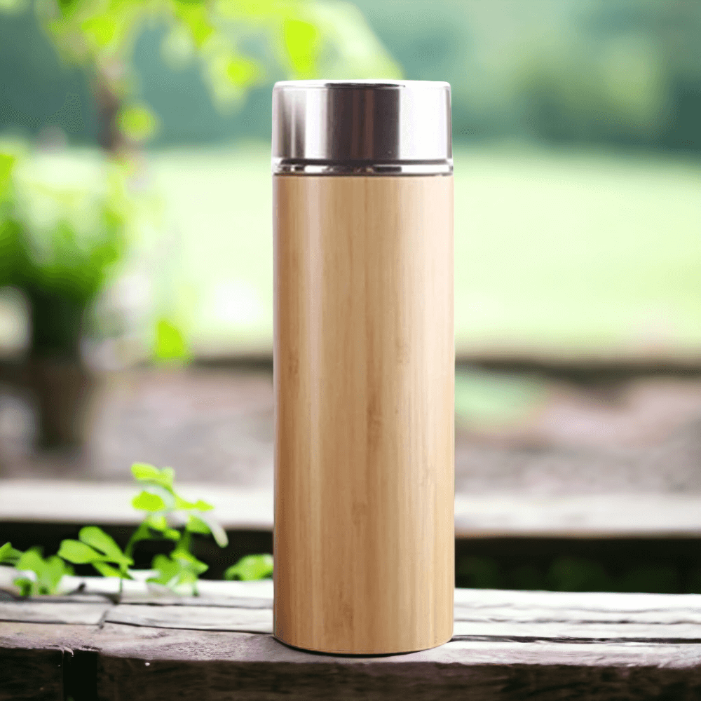Set of 2 Bamboo Stainless Steel Insulated Tea Infuser Water Bottles - 450ml Capacity, BPA Free - Royalstuffs.com