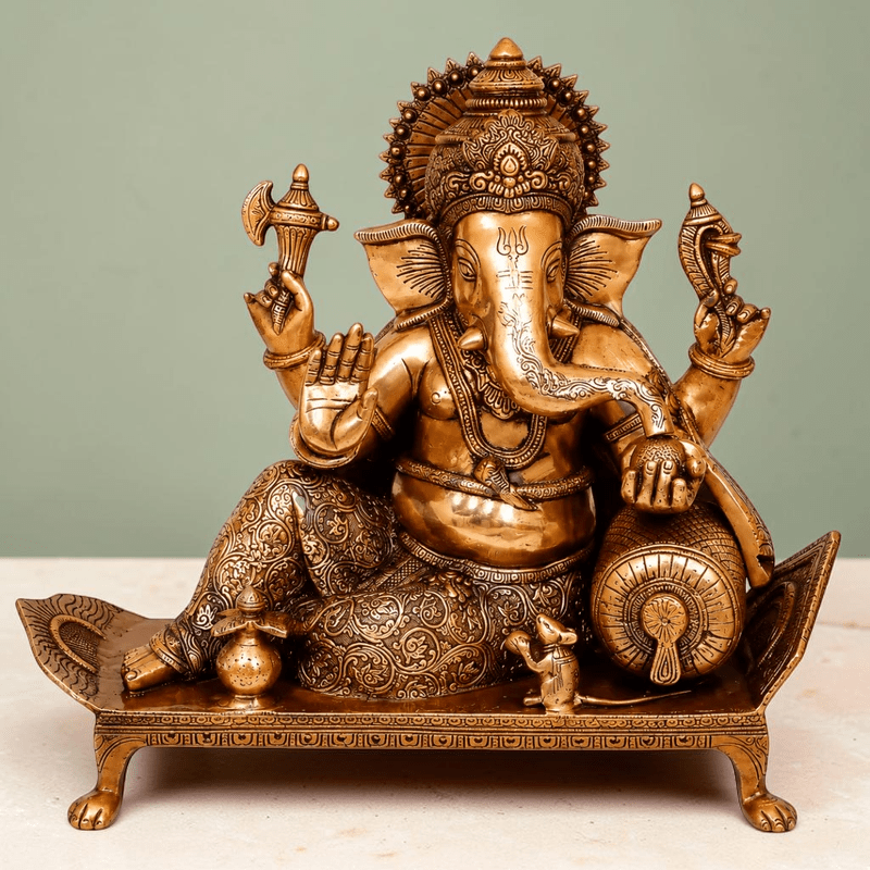 Bhagwan Ganesh Seated On Chowki with Ghungroos Height:15",Weight:14.5 Kg. - Royalstuffs.com