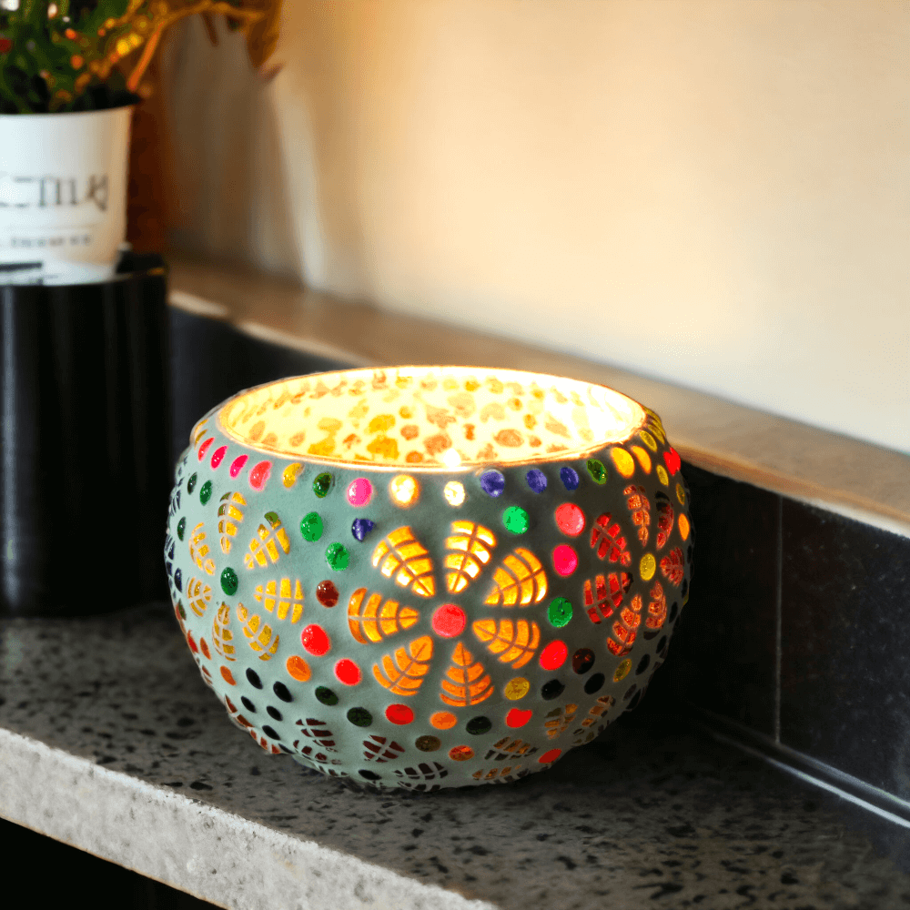 Big Handmade Mosaic Multicolored Candle Holder Tealight Holder - Royalstuffs.com