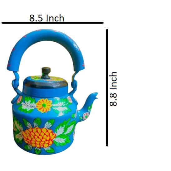 Blue Color Hand Painted Designer Aluminum Kettle for Tea, Capacity 1 L, Size 8.5"X5.5"X8.5 , Weight: 512 Gram - Royalstuffs.com