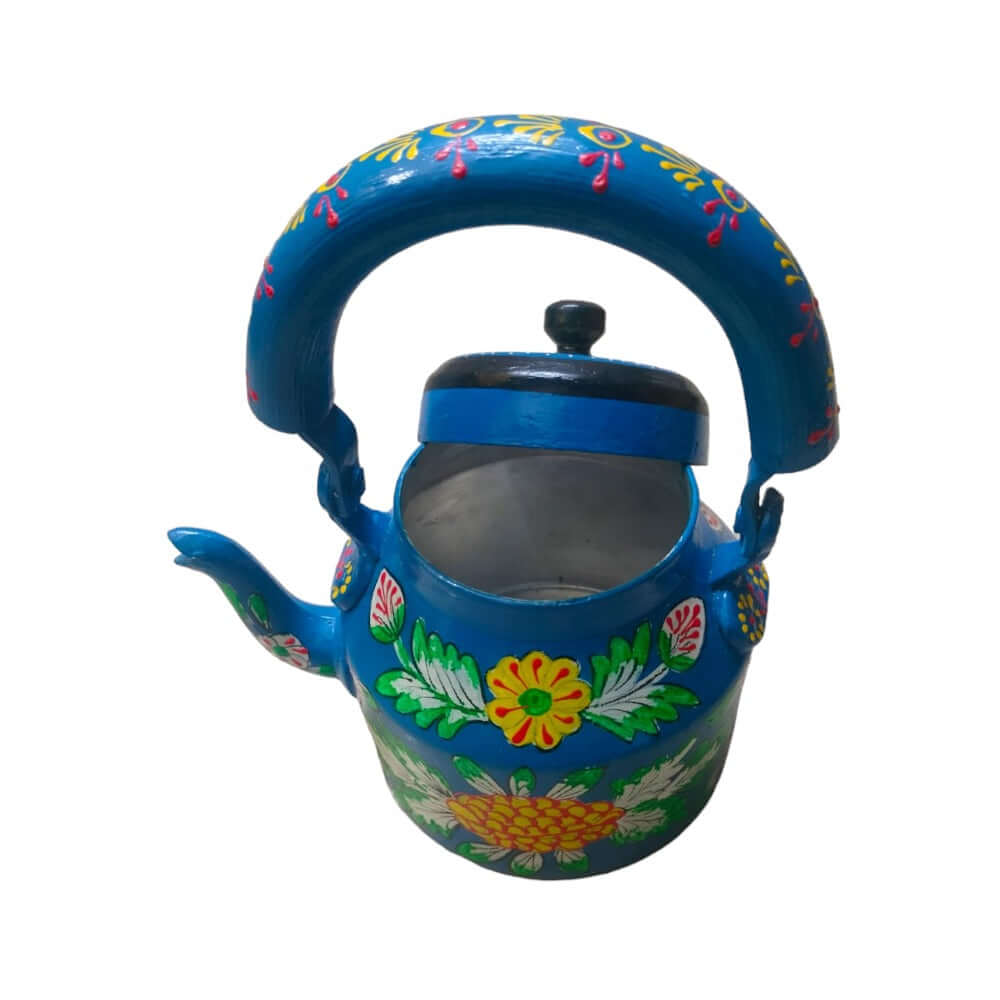 Blue Color Hand Painted Designer Aluminum Kettle for Tea, Capacity 1 L, Size 8.5"X5.5"X8.5 , Weight: 512 Gram - Royalstuffs.com