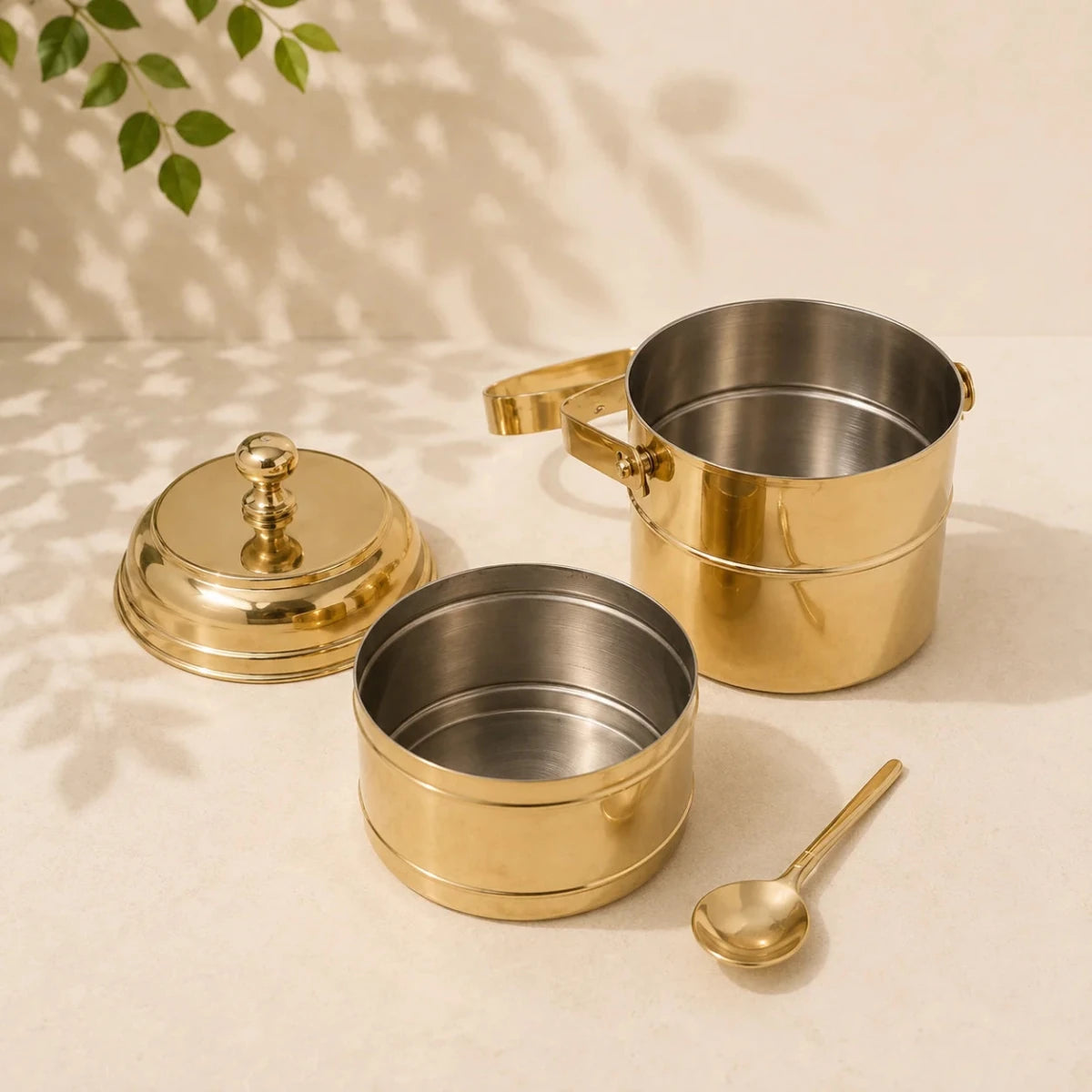 Brass 3 Tier with Tin Lining Four Compartments Office Tiffin Lunch Box by RoyalStuffs.com - Royalstuffs.com