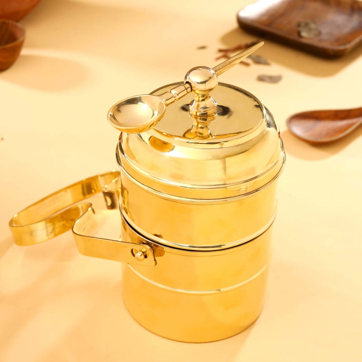 Brass 3 Tier with Tin Lining Four Compartments Office Tiffin Lunch Box by RoyalStuffs.com - Royalstuffs.com