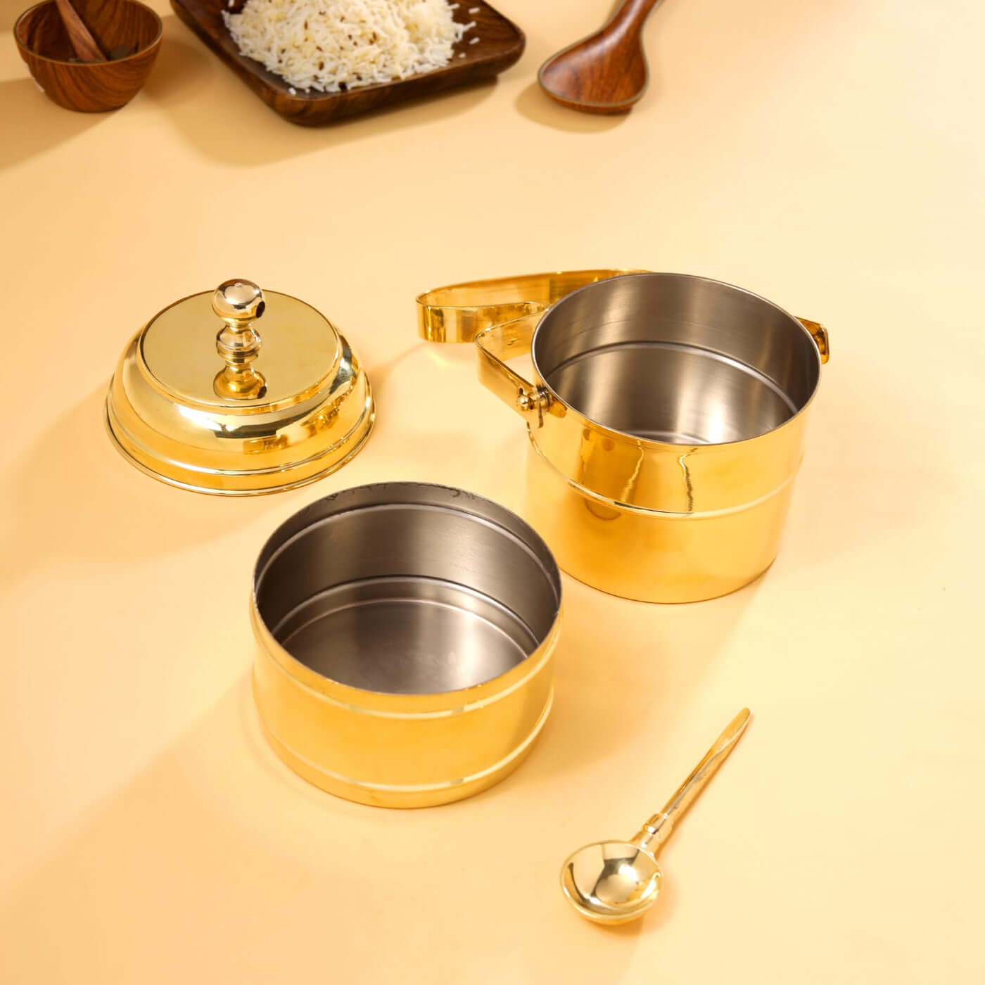Brass 3 Tier with Tin Lining Four Compartments Office Tiffin Lunch Box by RoyalStuffs.com - Royalstuffs.com