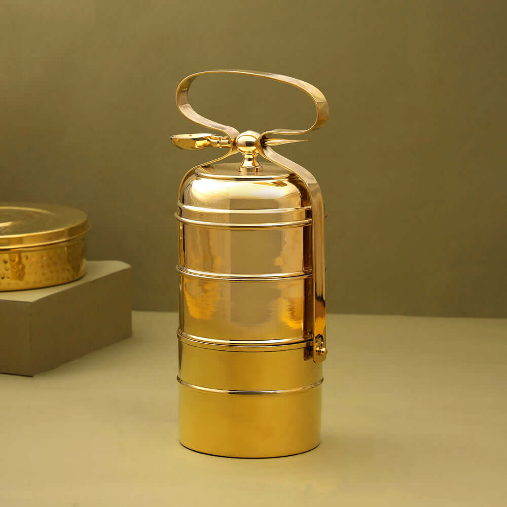 Brass 4 Tier with Tin Lining Four Compartments Office Tiffin Lunch Box by RoyalStuffs.com - Royalstuffs.com