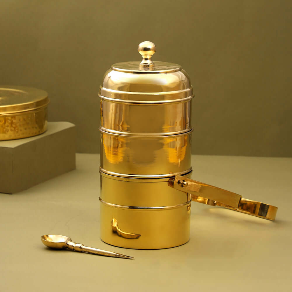 Brass 4 Tier with Tin Lining Four Compartments Office Tiffin Lunch Box by RoyalStuffs.com - Royalstuffs.com