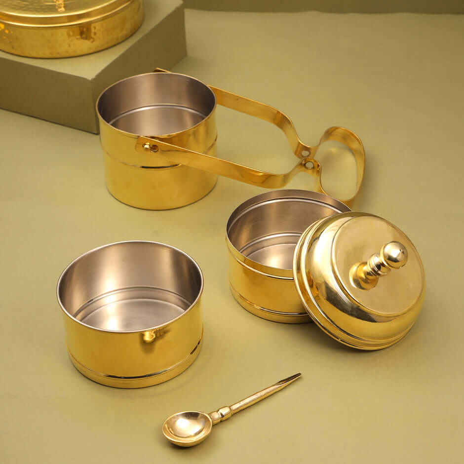 Brass 4 Tier with Tin Lining Four Compartments Office Tiffin Lunch Box by RoyalStuffs.com - Royalstuffs.com