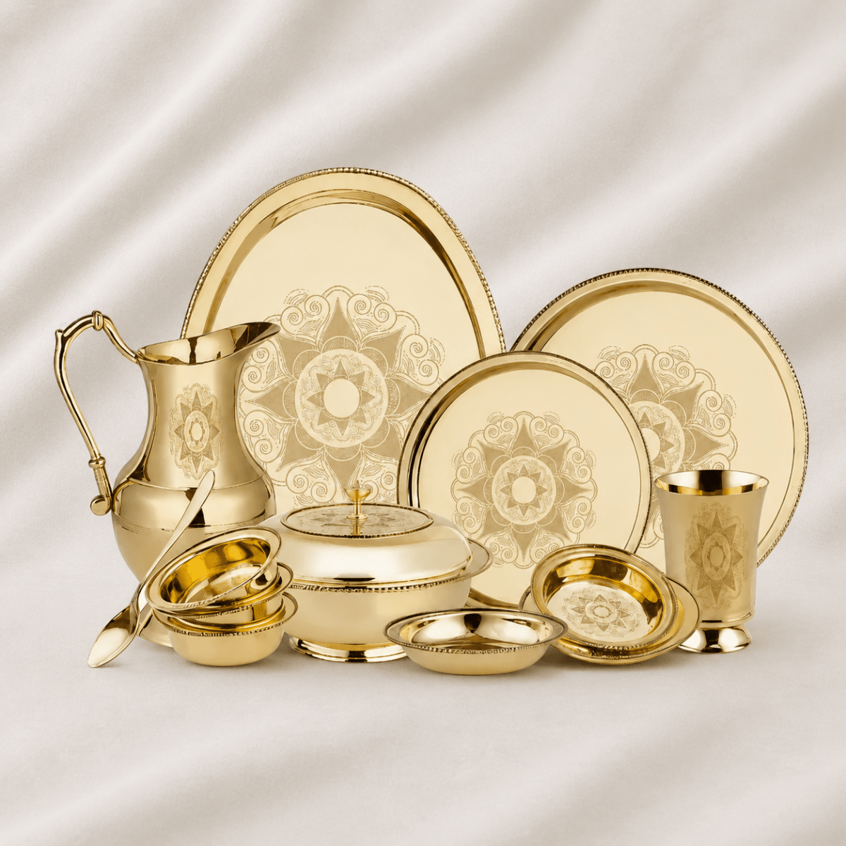 Brass 51 Pcs Laser Design Dinner Set – Premium Handcrafted Tableware - Royalstuffs.com