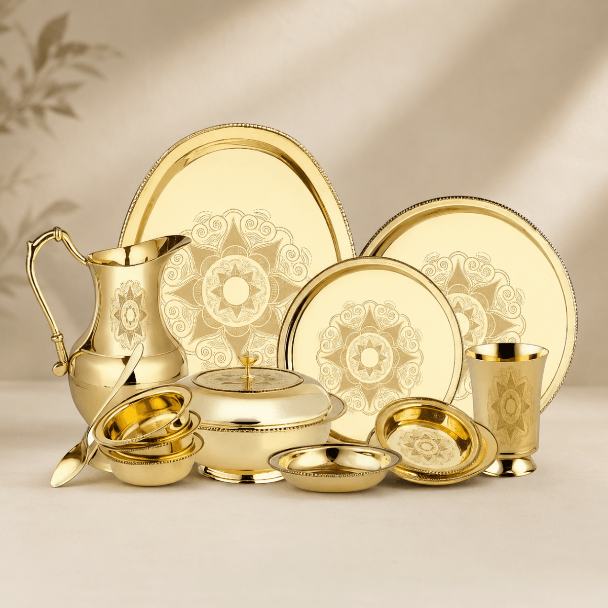Brass 51 Pcs Laser Design Dinner Set – Premium Handcrafted Tableware - Royalstuffs.com