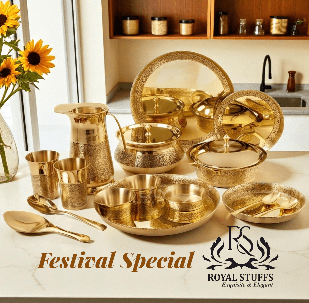 Brass 57 Pcs Engraved Dinner Set – Luxury Festival Special - Royalstuffs.com