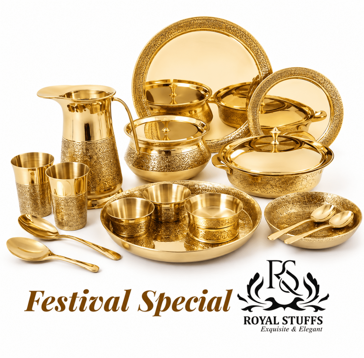 Brass 57 Pcs Engraved Dinner Set – Luxury Festival Special - Royalstuffs.com