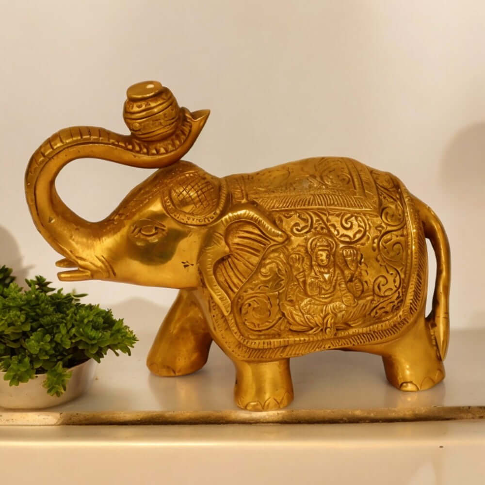 Brass Antique Finish Gaj Laxmi Elephant Decorative Showpiece - 4 Inch - Royalstuffs.com