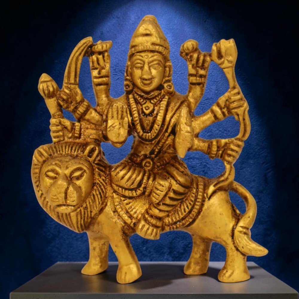 Brass Antique Finish Handmade Sherawali Mata Idol, Maa Durga on Lion - 4 Inch - Royalstuffs.com