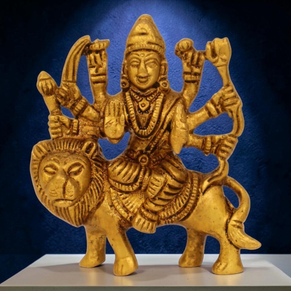 Brass Antique Finish Handmade Sherawali Mata Idol, Maa Durga on Lion - 4 Inch - Royalstuffs.com