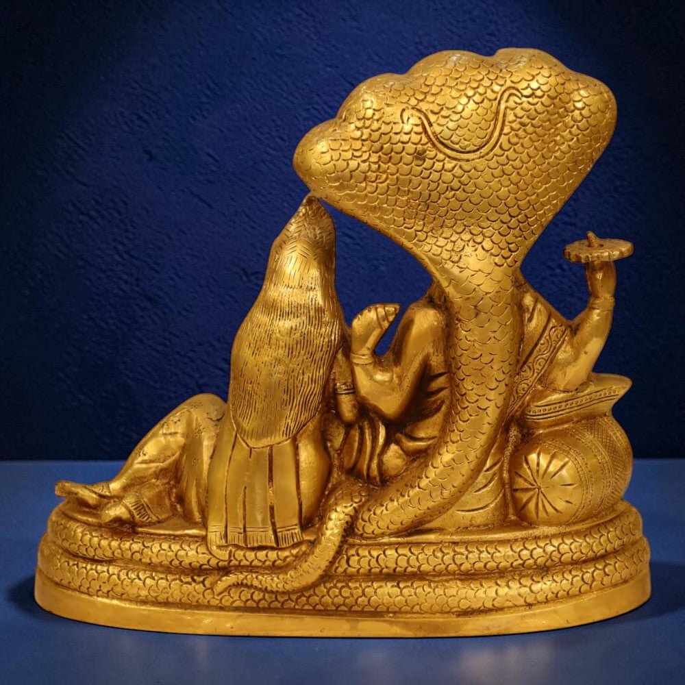 Brass Antique Finish Lord Vishnu with Lakshmi Resting upon Shesha Naag - 9 inches - Royalstuffs.com