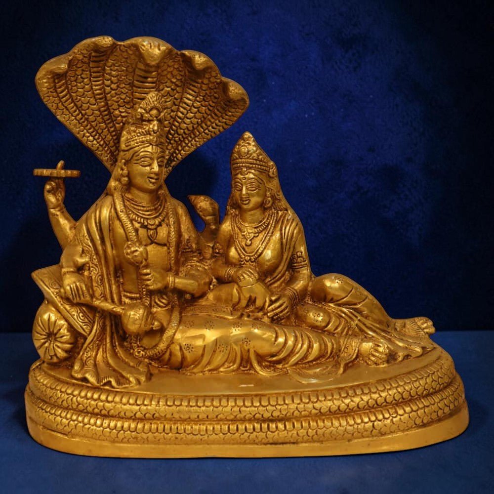 Brass Antique Finish Lord Vishnu with Lakshmi Resting upon Shesha Naag - 9 inches - Royalstuffs.com