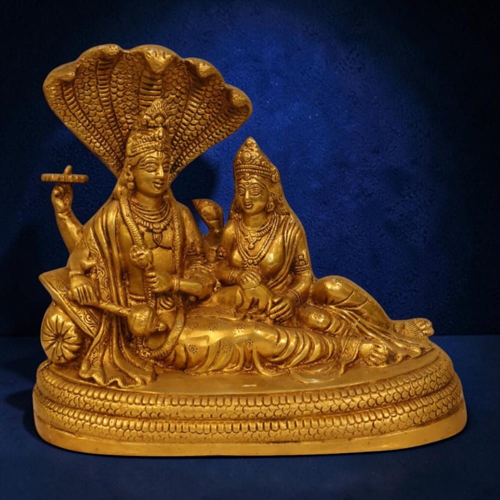 Brass Antique Finish Lord Vishnu with Lakshmi Resting upon Shesha Naag - 9 inches - Royalstuffs.com