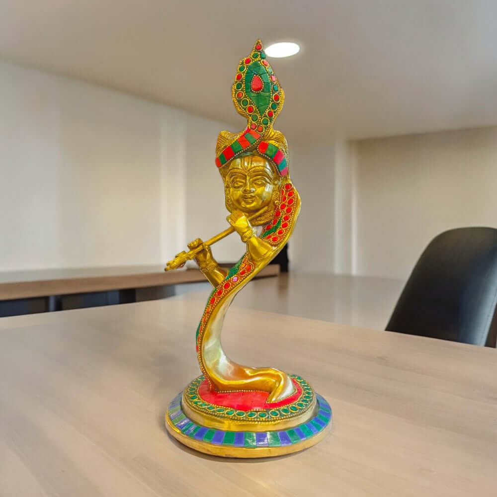 Brass Antique Finish with Melamine Stone Work Hawaï Krishna Ji Murlidhar - 13 Inch Height, 2.7 kg Weight - Royalstuffs.com
