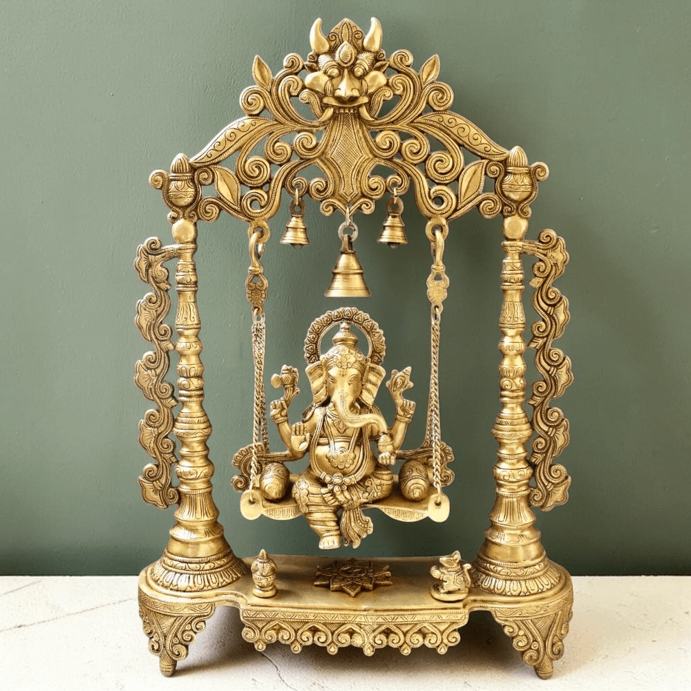 Brass Ganesha Idol Murti Sitting on Jhula for Worship Temple Home, 66 cm HEIGHT - Royalstuffs.com