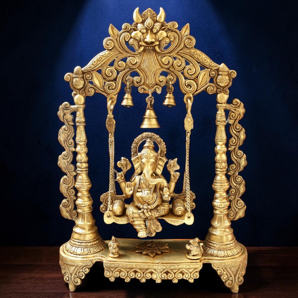 Brass Ganesha Idol Murti Sitting on Jhula for Worship Temple Home, 66 cm HEIGHT - Royalstuffs.com