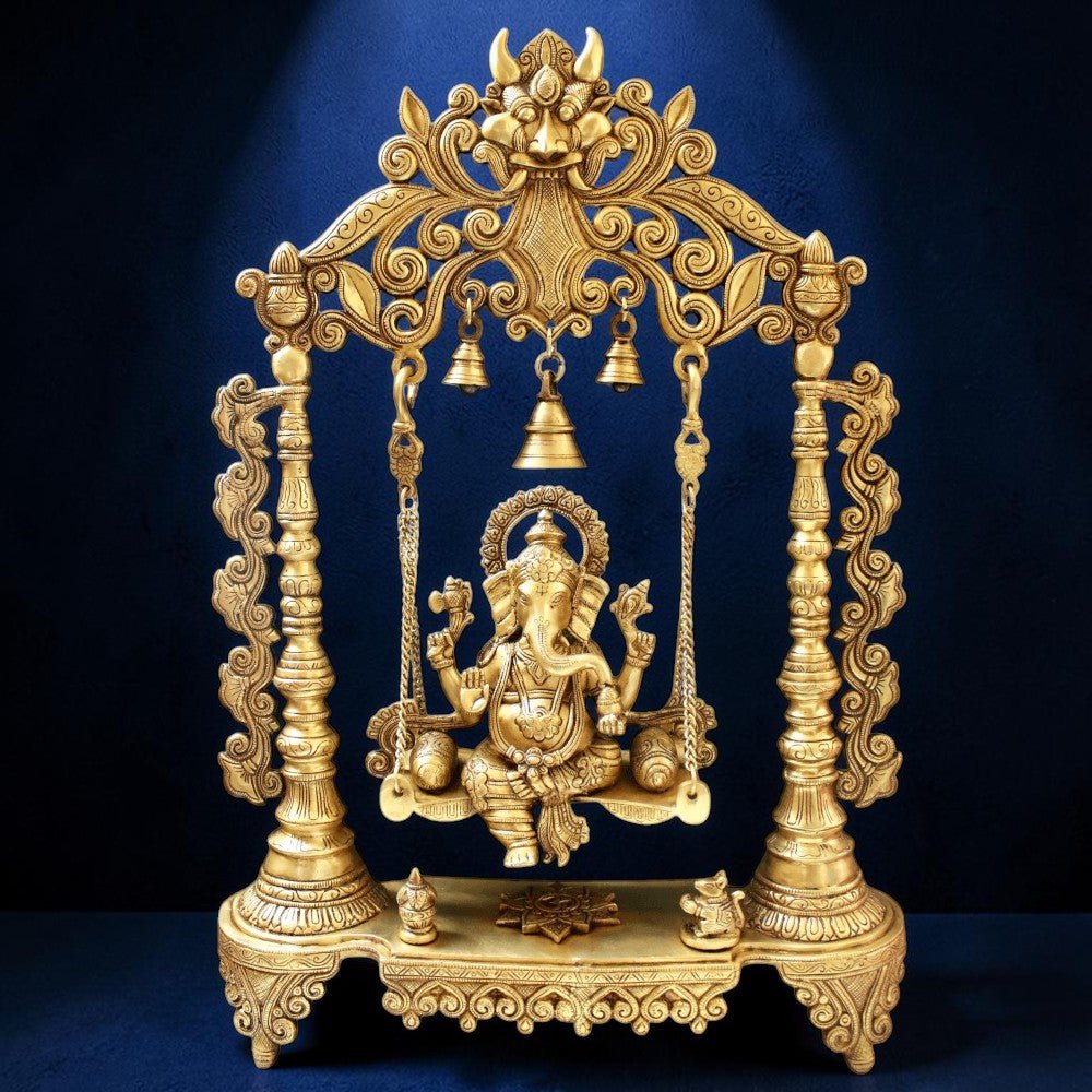 Brass Ganesha Idol Murti Sitting on Jhula for Worship Temple Home, 66 cm HEIGHT - Royalstuffs.com