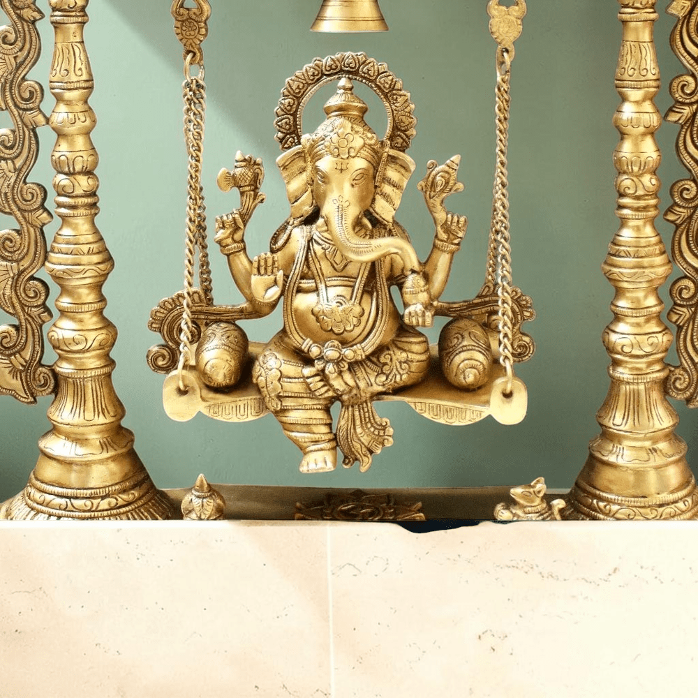 Brass Ganesha Idol Murti Sitting on Jhula for Worship Temple Home, 66 cm HEIGHT - Royalstuffs.com