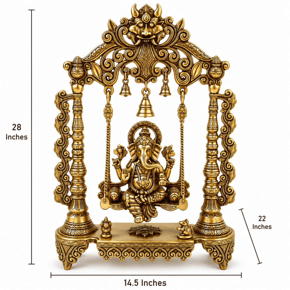 Brass Ganesha Idol Murti Sitting on Jhula for Worship Temple Home, 66 cm HEIGHT - Royalstuffs.com