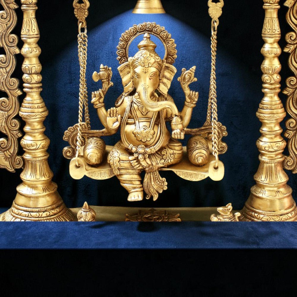 Brass Ganesha Idol Murti Sitting on Jhula for Worship Temple Home, 66 cm HEIGHT - Royalstuffs.com