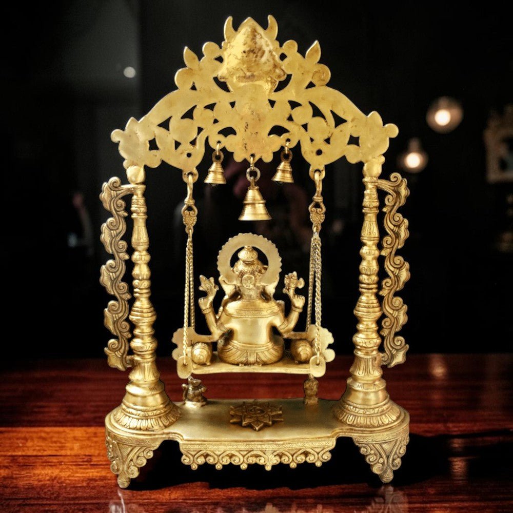 Brass Ganesha Idol Murti Sitting on Jhula for Worship Temple Home, 66 cm HEIGHT - Royalstuffs.com
