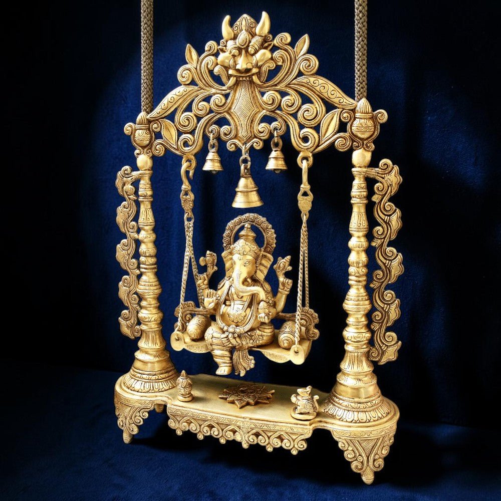 Brass Ganesha Idol Murti Sitting on Jhula for Worship Temple Home, 66 cm HEIGHT - Royalstuffs.com