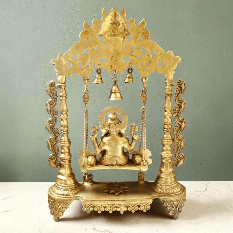 Brass Ganesha Idol Murti Sitting on Jhula for Worship Temple Home, 66 cm HEIGHT - Royalstuffs.com