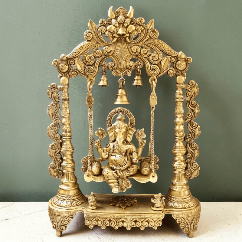 Brass Ganesha Idol Murti Sitting on Jhula for Worship Temple Home, 66 cm HEIGHT - Royalstuffs.com