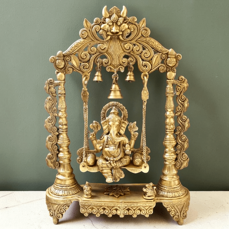 Brass Ganesha Idol Murti Sitting on Jhula for Worship Temple Home, 66 cm HEIGHT - Royalstuffs.com