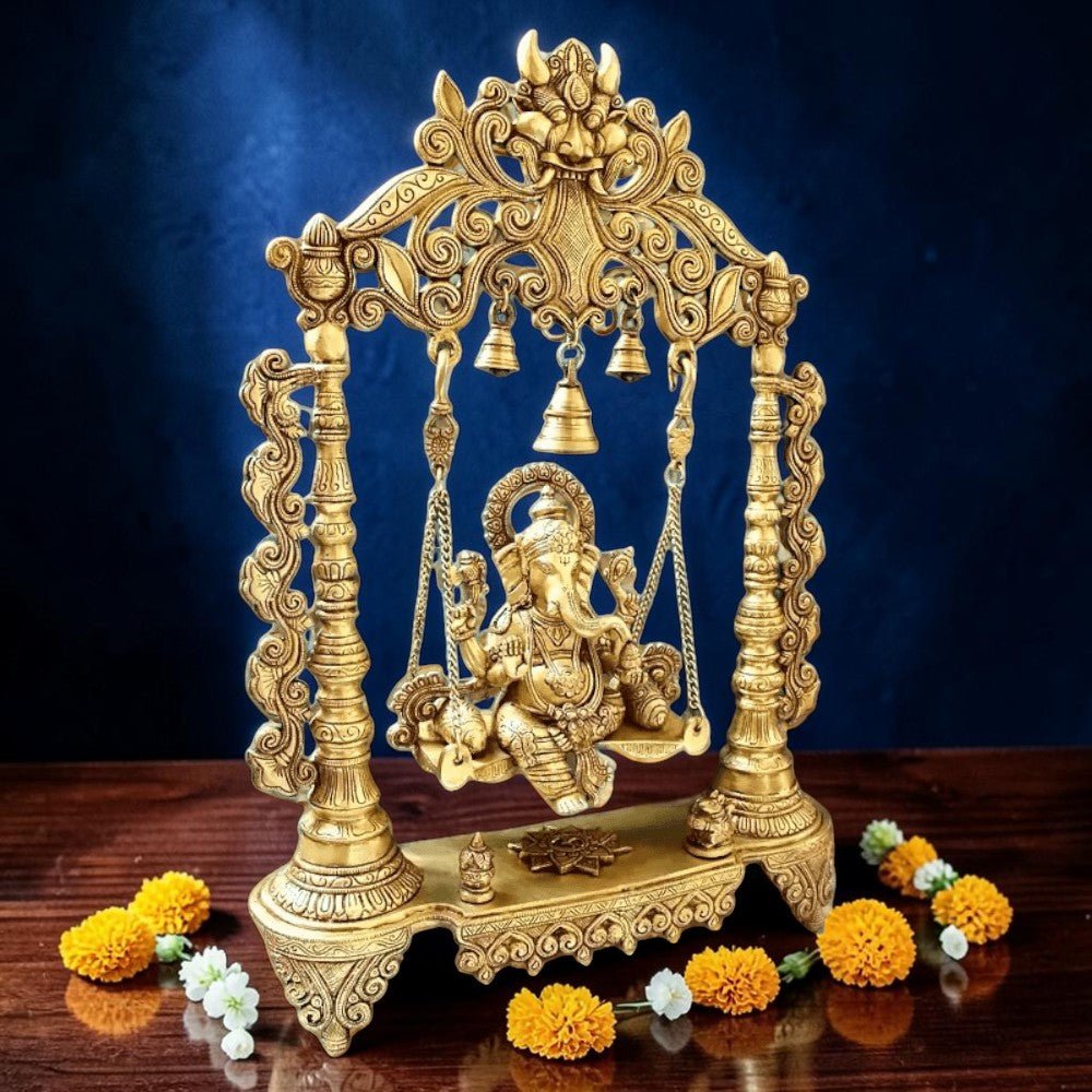 Brass Ganesha Idol Murti Sitting on Jhula for Worship Temple Home, 66 cm HEIGHT - Royalstuffs.com