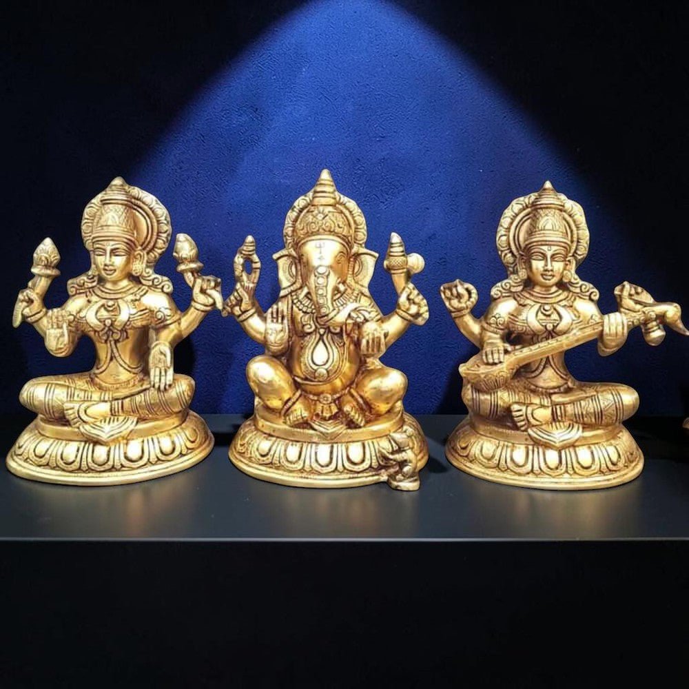 Brass Ganesha, Lakshmi, and Saraswathi Big Statue Set-Height:10 Inch ,Weight:17 Kg - Royalstuffs.com