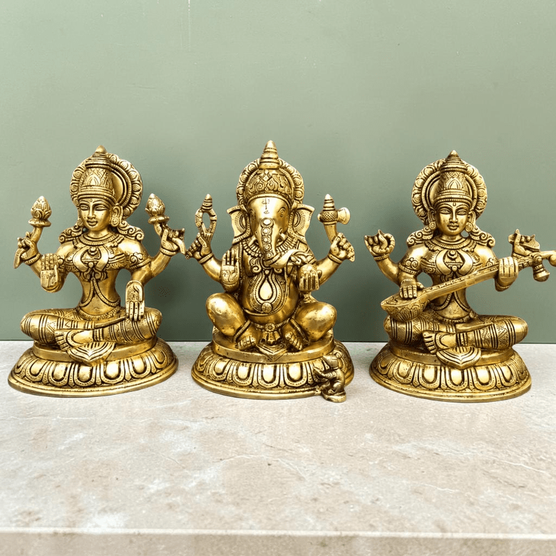 Brass Ganesha, Lakshmi, and Saraswathi Big Statue Set-Height:10 Inch ,Weight:17 Kg - Royalstuffs.com