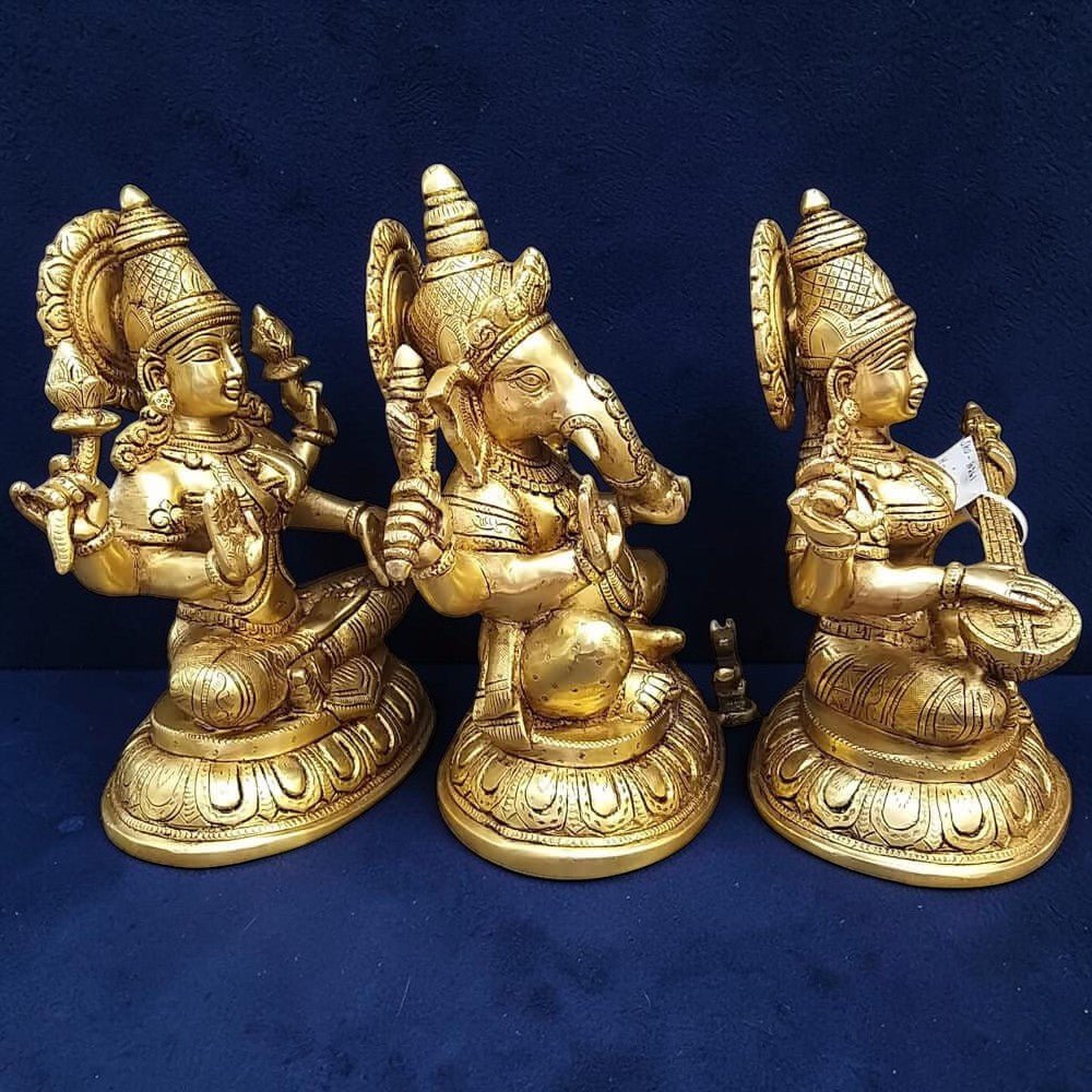 Brass Ganesha, Lakshmi, and Saraswathi Big Statue Set-Height:10 Inch ,Weight:17 Kg - Royalstuffs.com