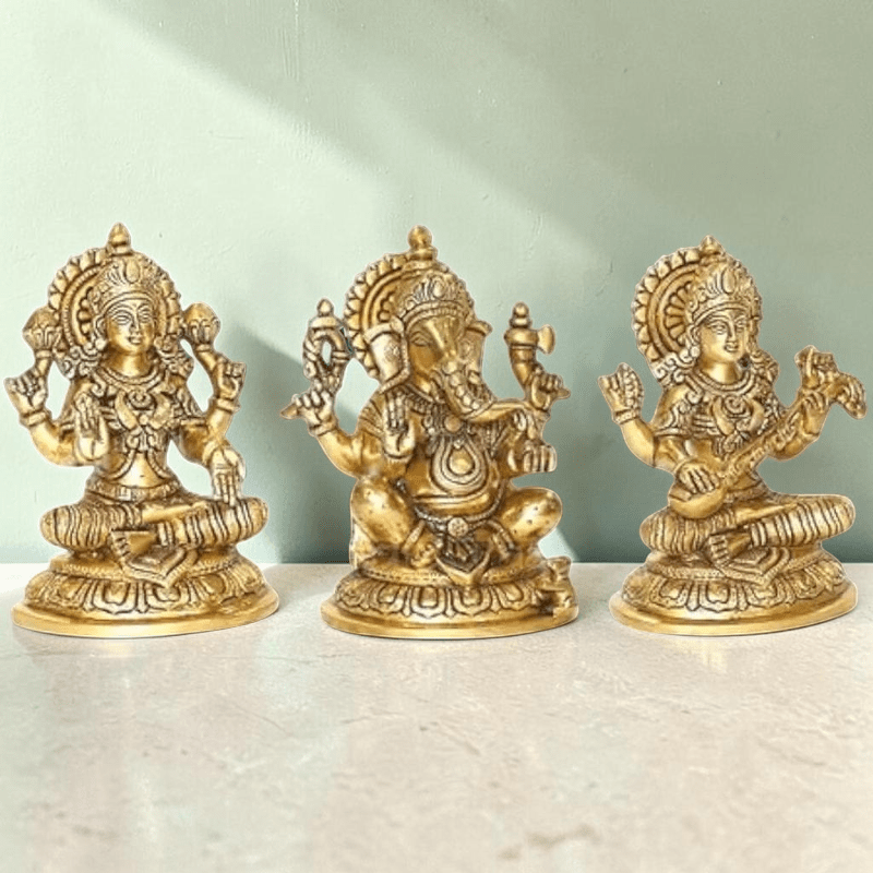 Brass Ganesha, Lakshmi, and Saraswathi Big Statue Set-Height:10 Inch ,Weight:17 Kg - Royalstuffs.com