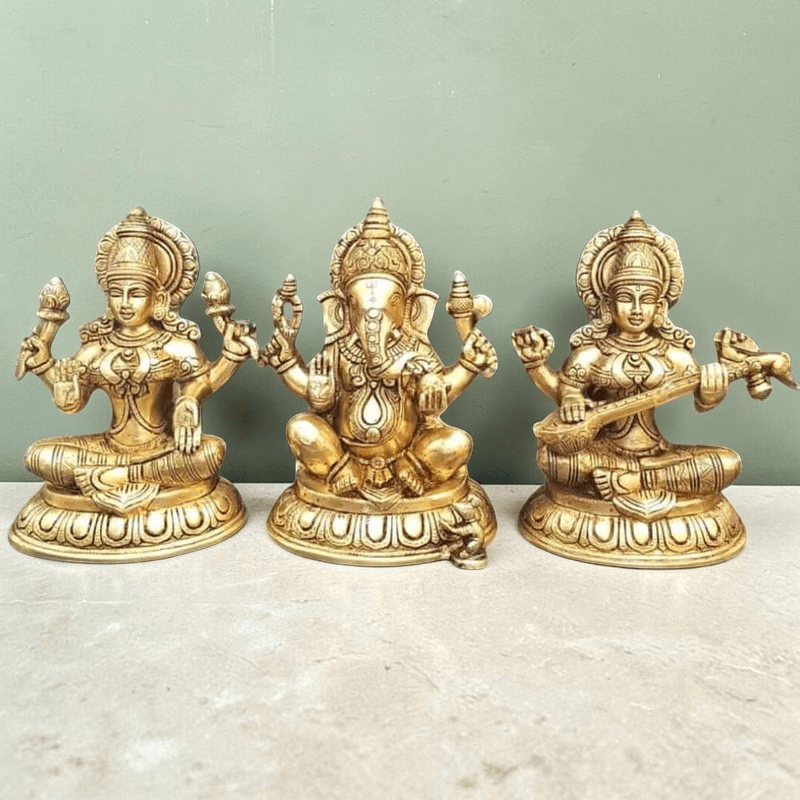 Brass Ganesha, Lakshmi, and Saraswathi Big Statue Set-Height:10 Inch ,Weight:17 Kg - Royalstuffs.com
