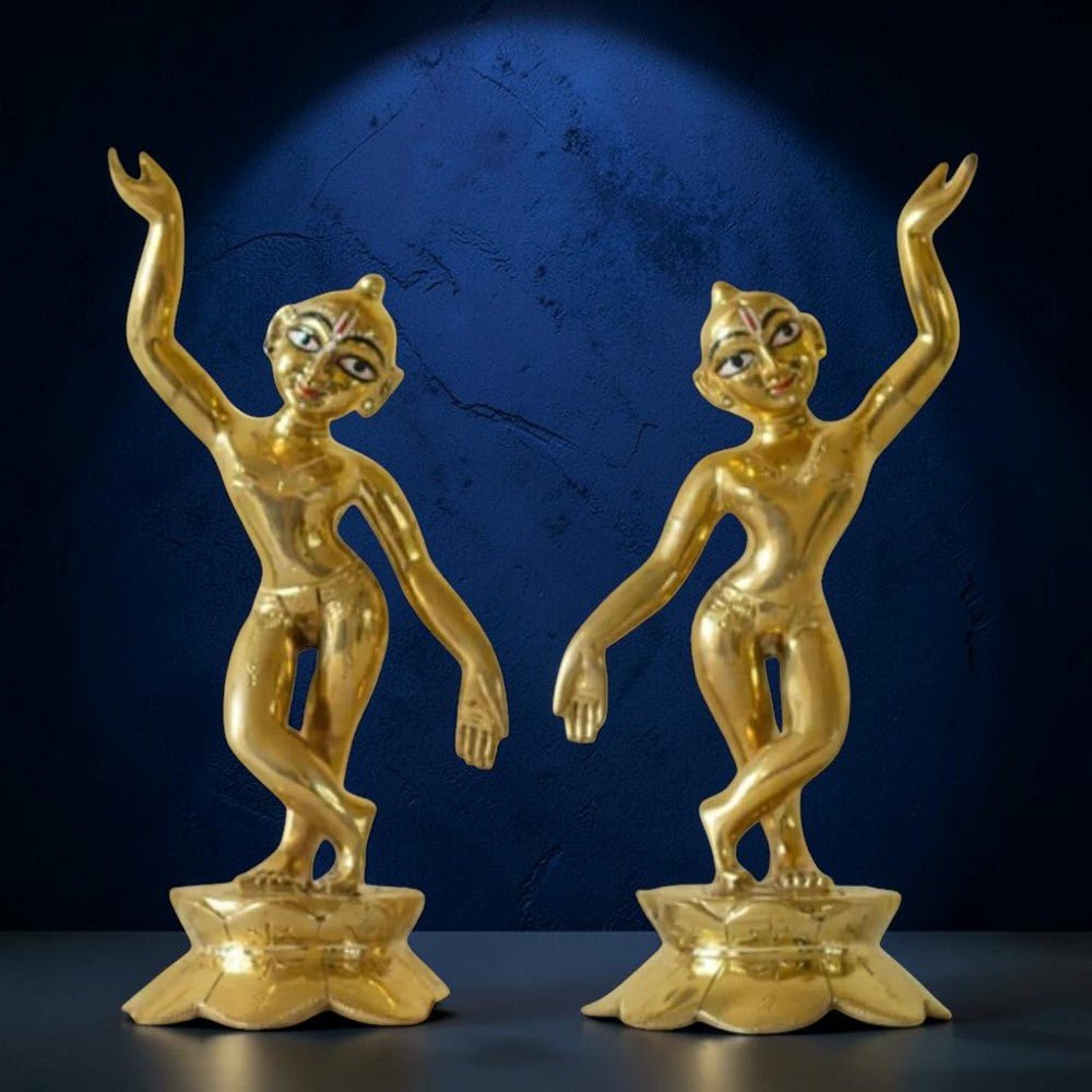 Brass Gaura Nitai Deities 8" One Hand Up and one Down; Lotus Base,Weight:2500 Gram - Royalstuffs.com